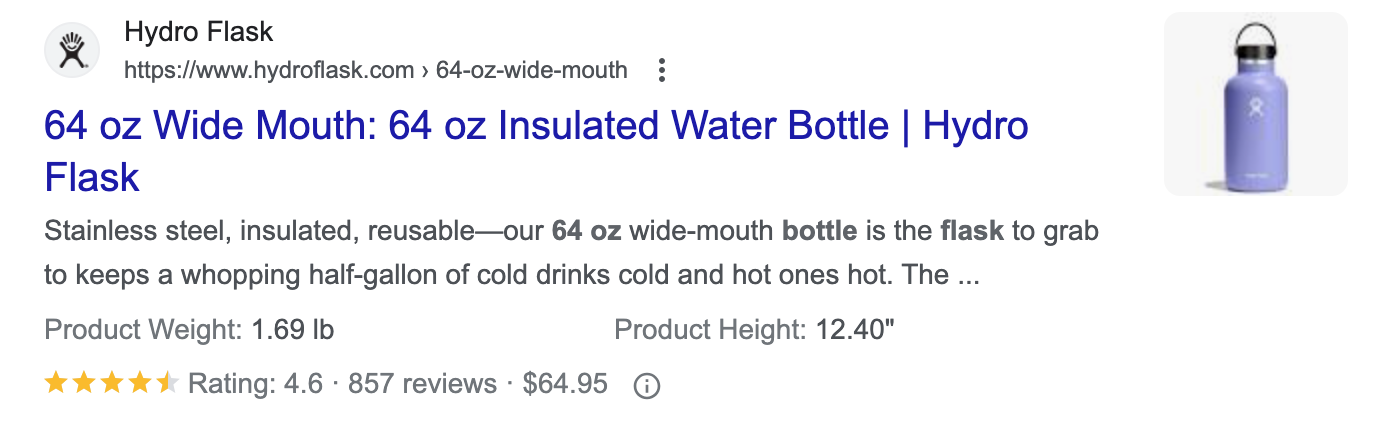 an example of "64 oz Wide Mouth" water bottle from Hydro Flask in Google SERP