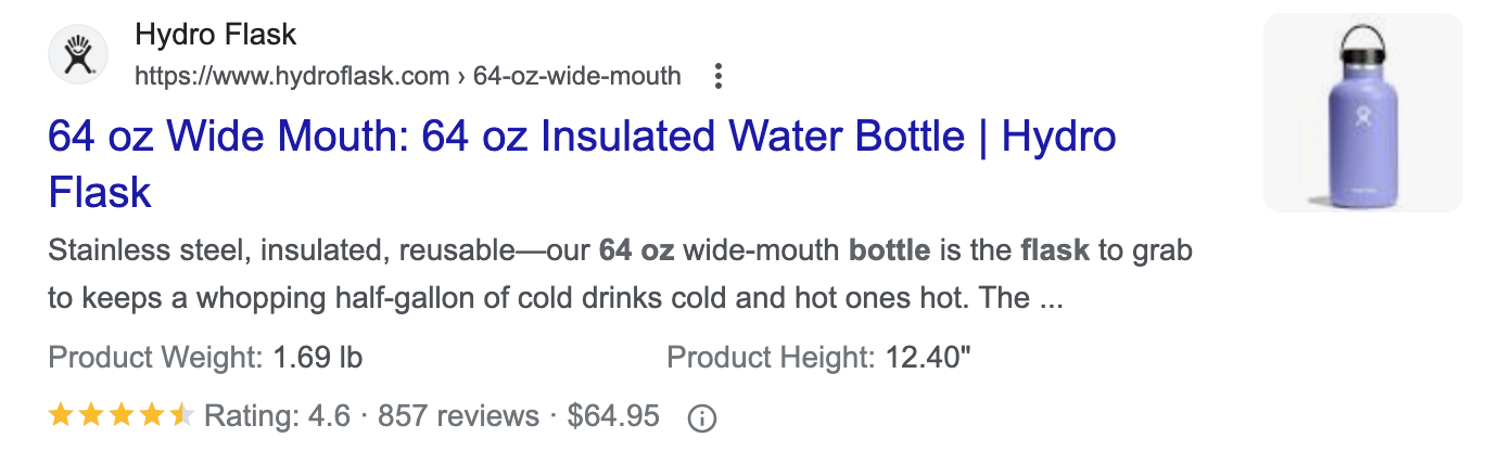 un ejemplo de botella de agua "64 oz Wide Mouth" de Hydro Flask en Google SERP