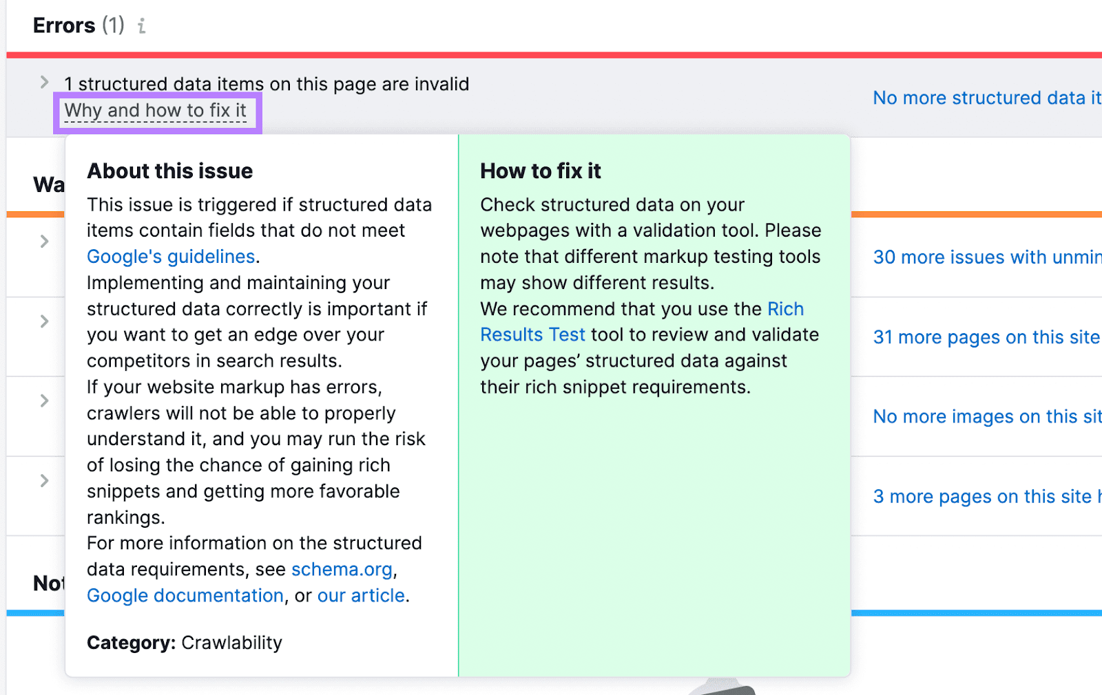 "Why and how to fix it" pop-up screen in Site Audit