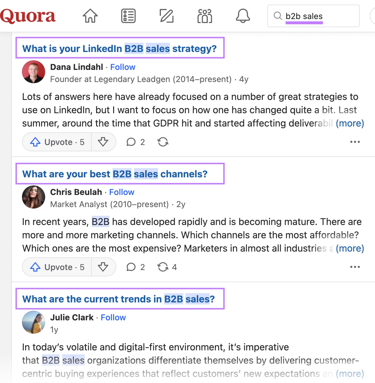 Questions on Quora related to B2B sales