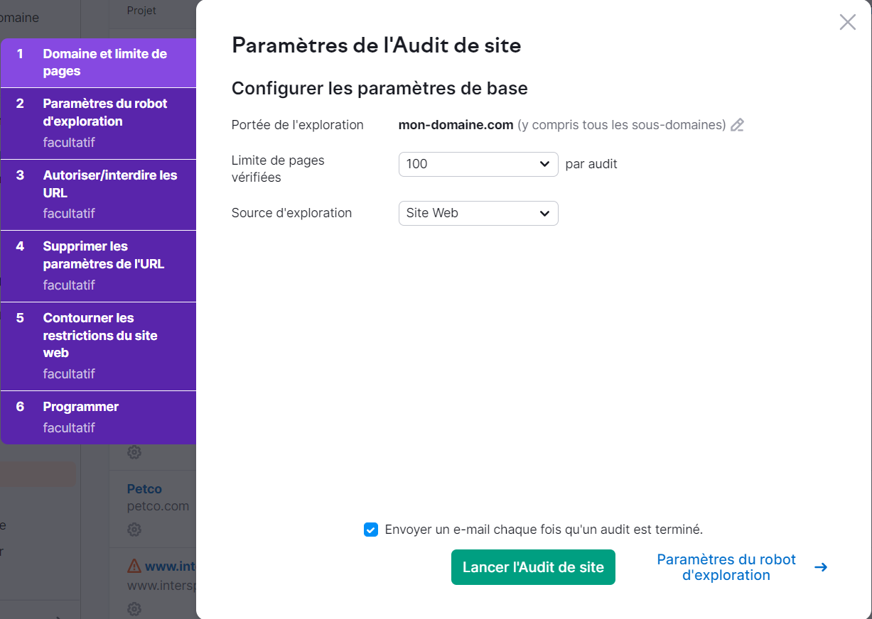 Paramètres de l'Audit de site avec 6 onglet dans Semrush