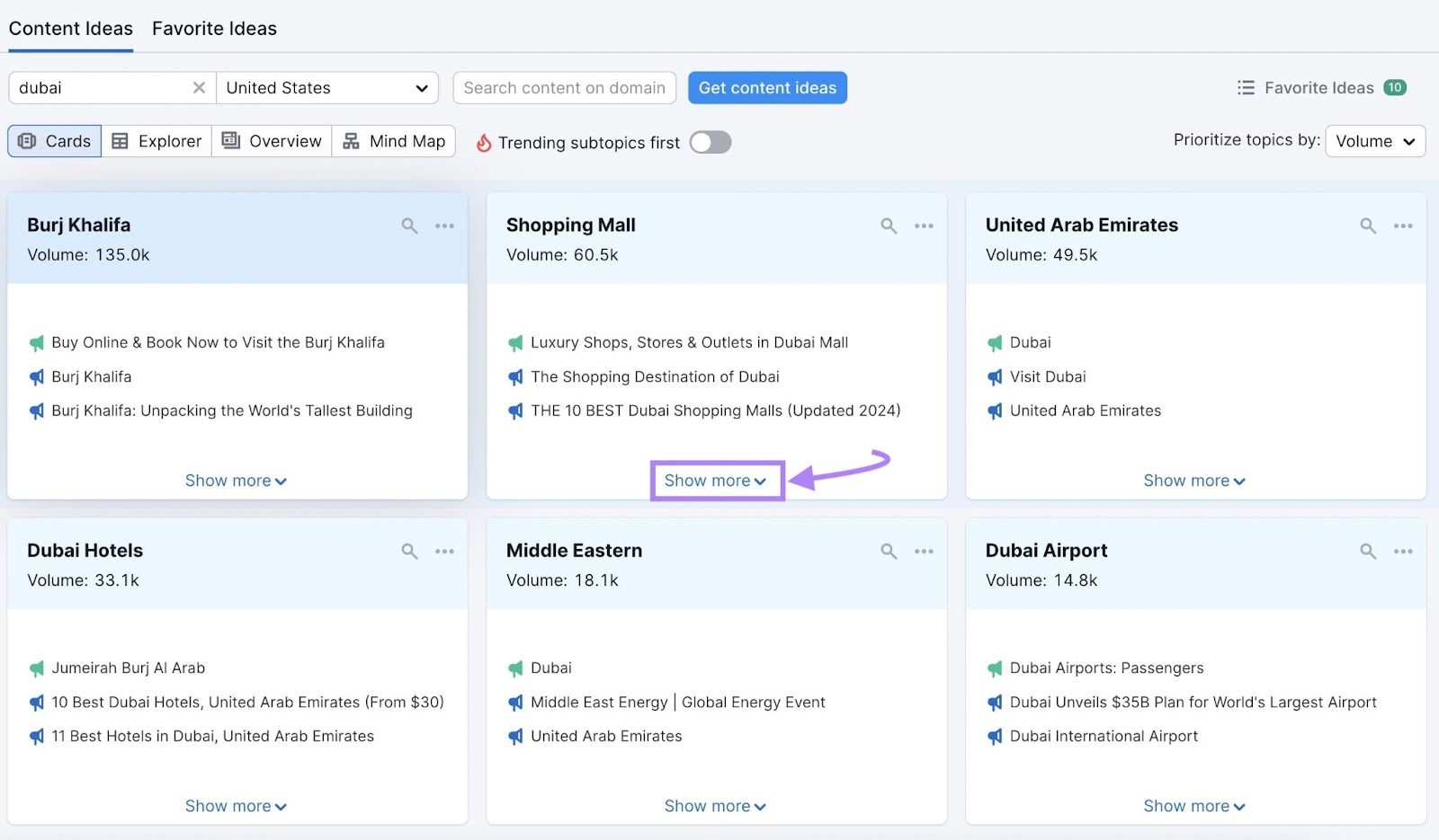 Topic research ideas cards for Dubai with 'Shopping Mall' card 'show more' button highlighted
