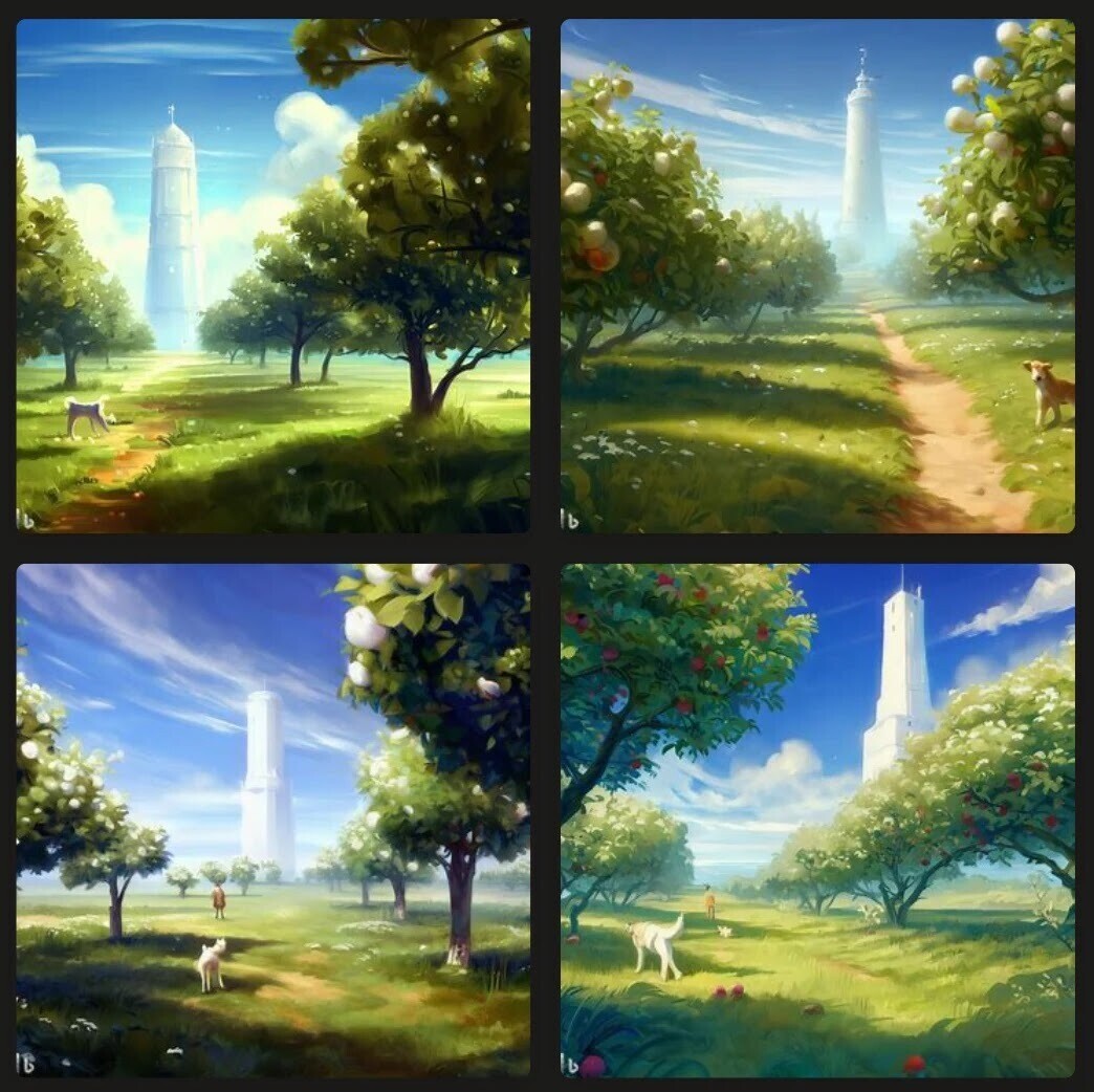 Bing Image Creator results for “an apple orchard, summer, blue sky, p،torealistic, dog in foreground, white tower on ،rizon”