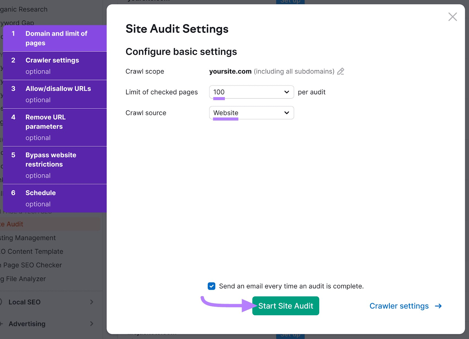 "Site Audit Settings" window