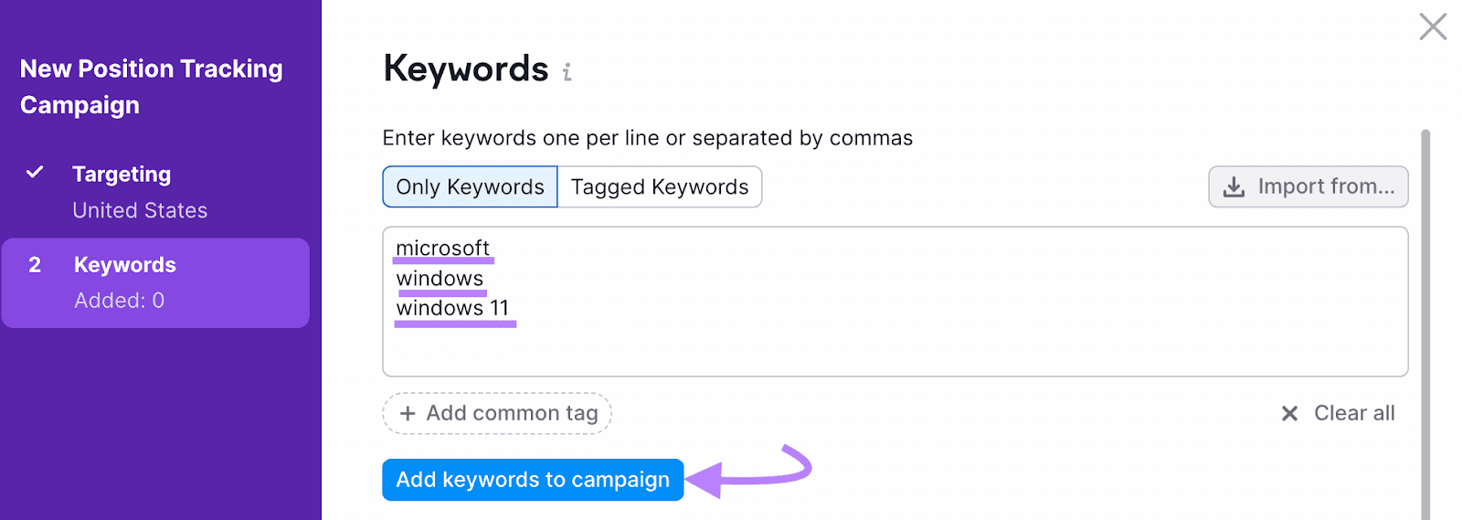 "Keywords" window in New Position Tracking Campaign settings