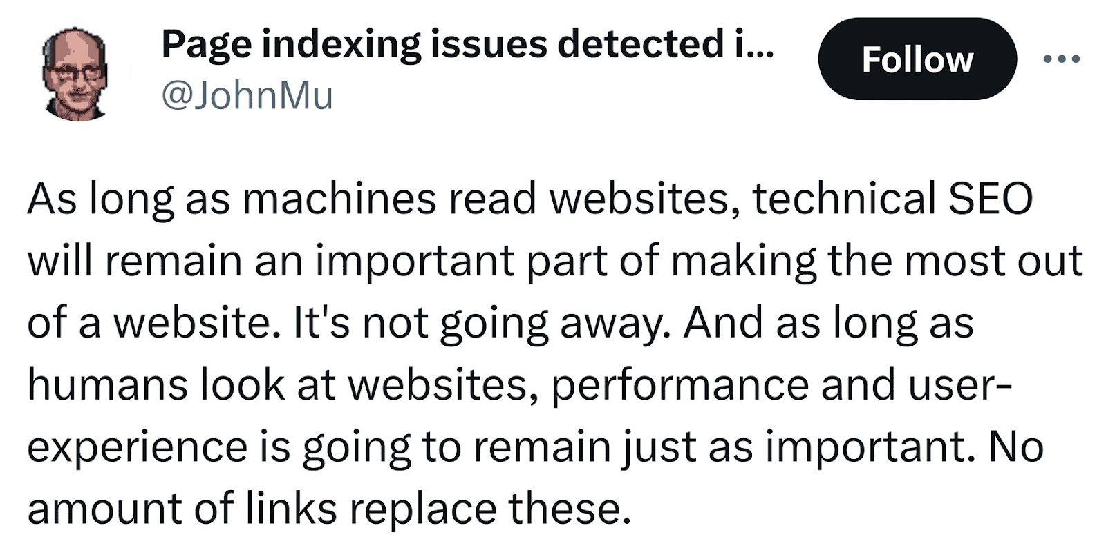 John Mueller's Twitter post about the relationship between UX and technical SEO