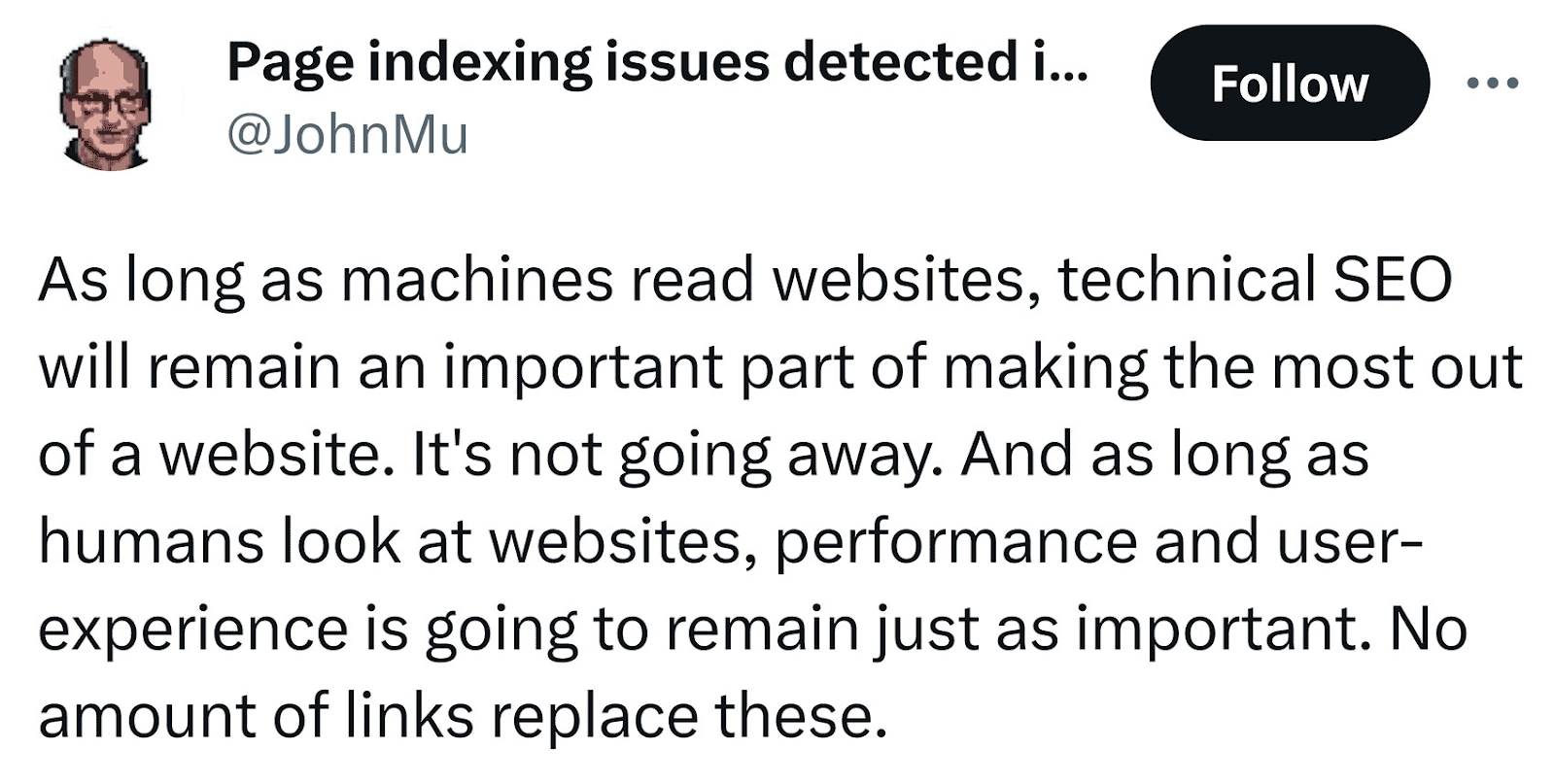 Publicación en Twitter de John Mueller sobre la relación entre UX y SEO técnico