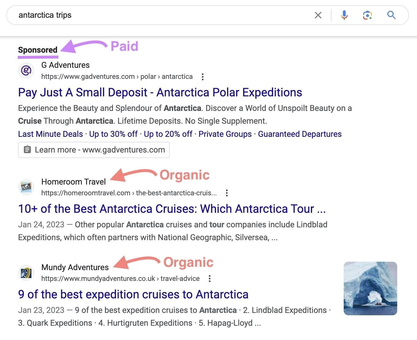 an example of a SERP with both paid and organic results for "antartica trips"