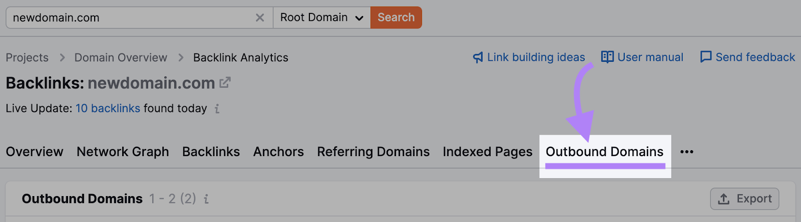 "Outbound Domains" selected from the Backlink Analytics tool upper menu