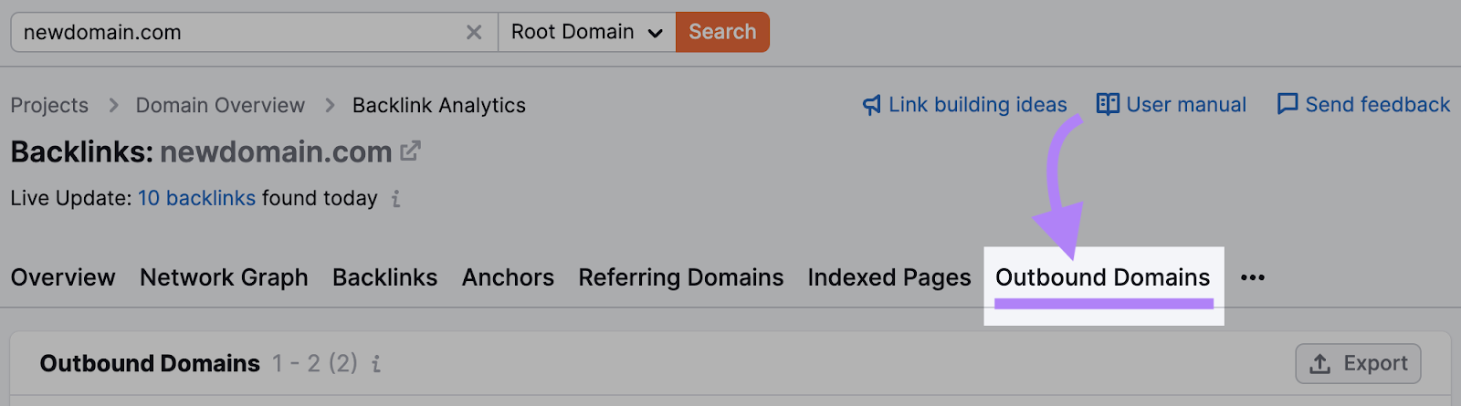 "Outbound Domains" aus dem oberen Menü des Backlink Analytics Tools ausgewählt