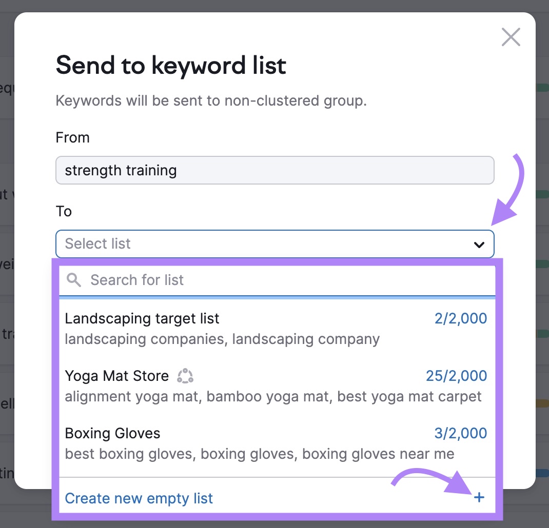 "Send to keyword list" pop-up with the "Select list" drop-down opened and “Create caller   bare  list” clicked.