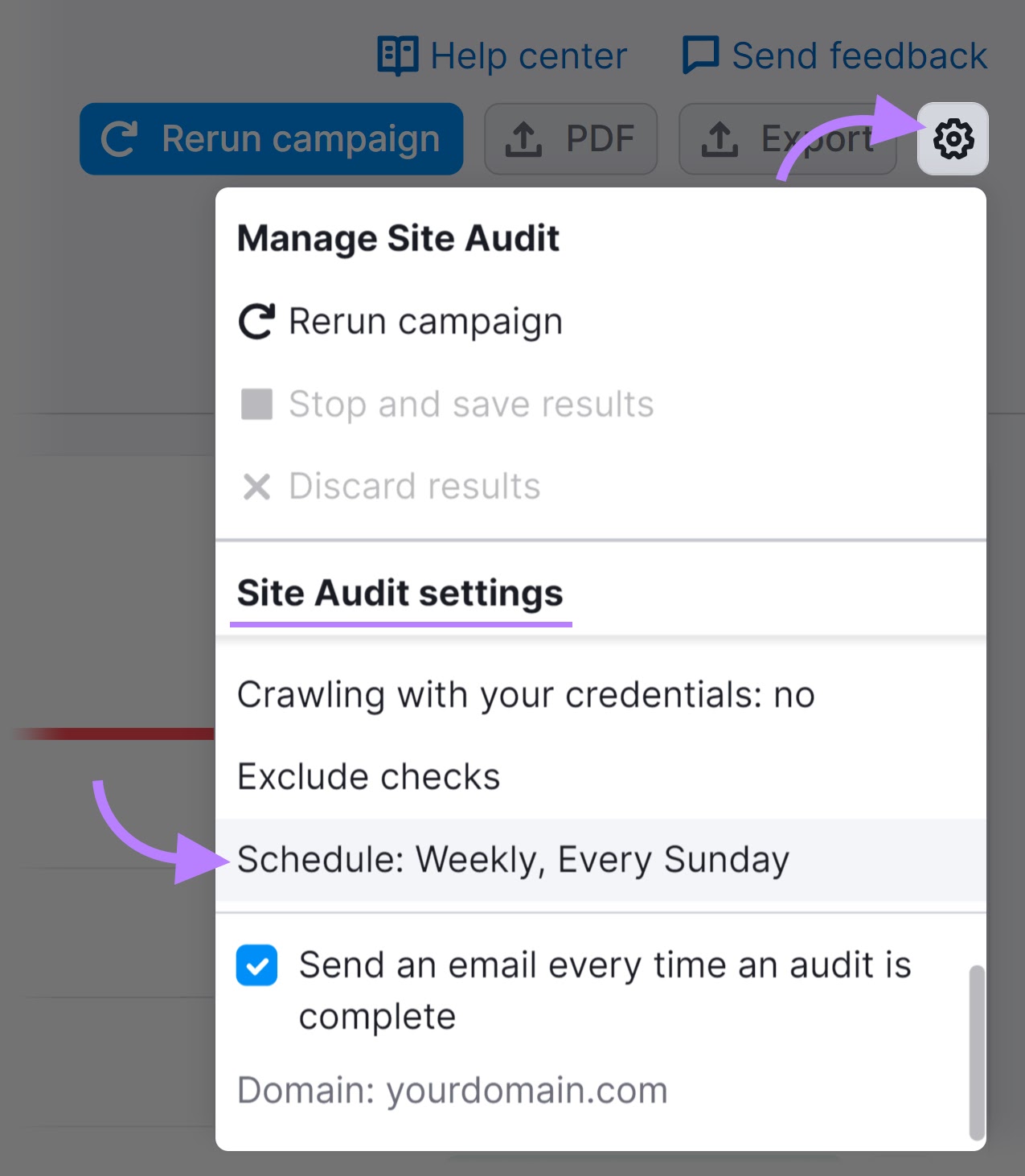 Site Audit tool "Manage Site Audit" window with the "Schedule:" button and "Settings" icon highlighted.