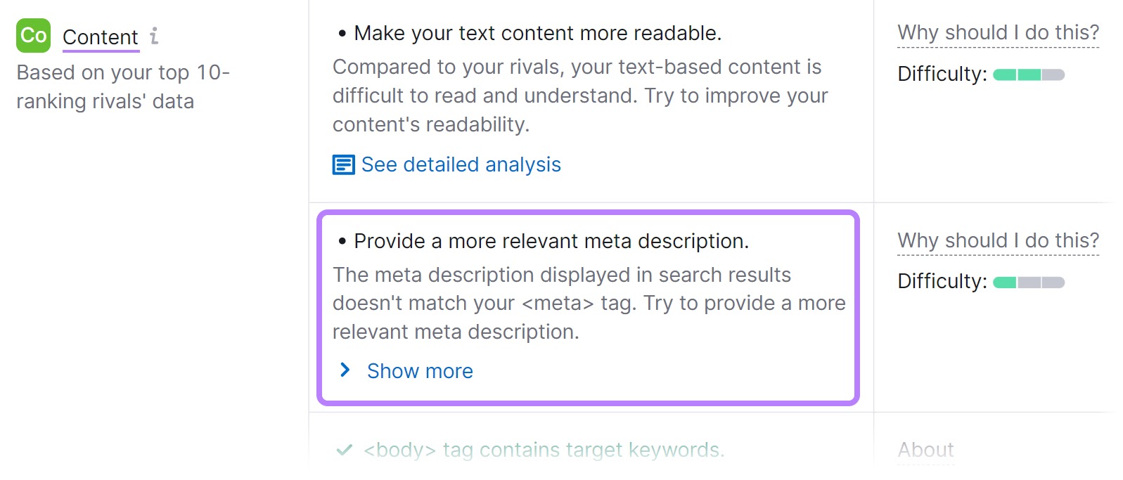 “Provide a more relevant meta description" recommendation highlighted