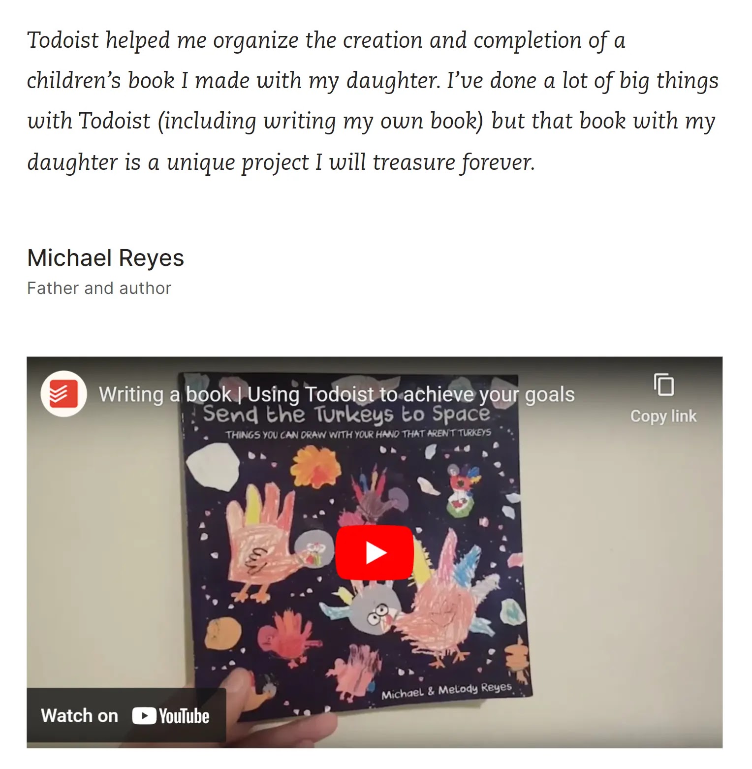 A conception  of Todoist's leafage   with idiosyncratic    achievements, featuring a punctuation  and video from a user