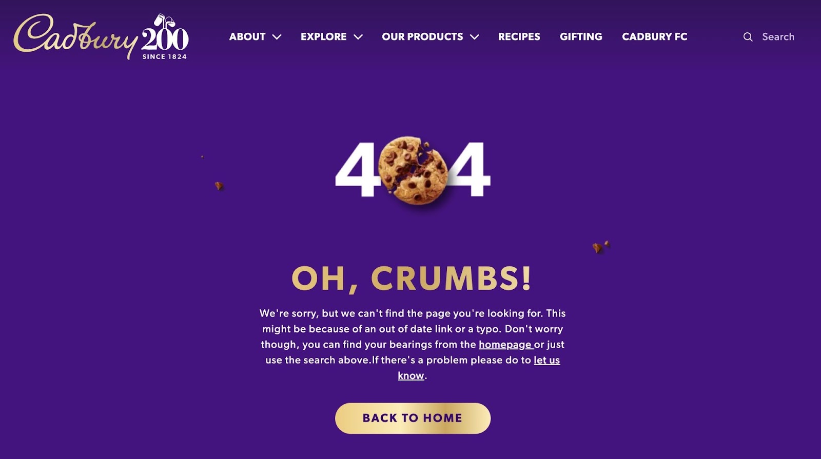 Cadbury 404 page.