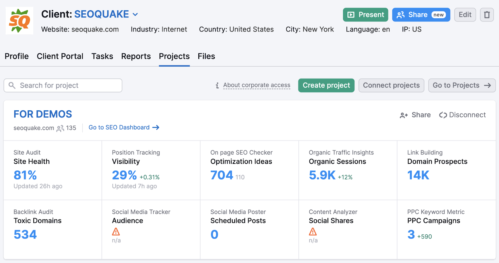 An overview with key metrics for "Client: SEOQUAKE" in CRM dashboard