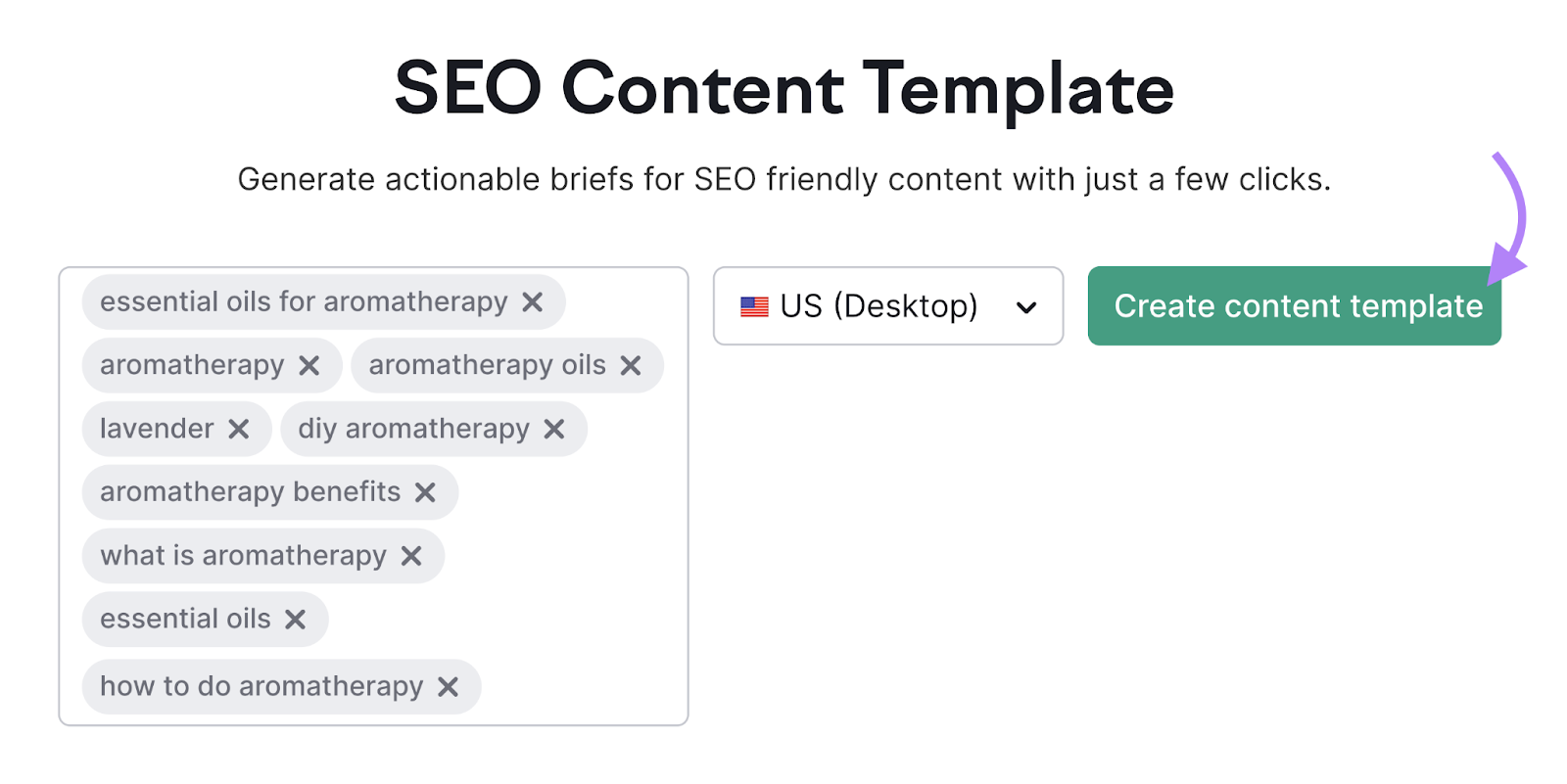 keywords like aromatherapy, essential oils, and lavender entered into Semrush's SEO content template tool