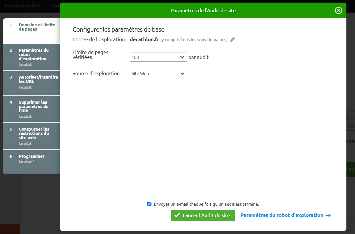 Semrush Audit de site Paramètres