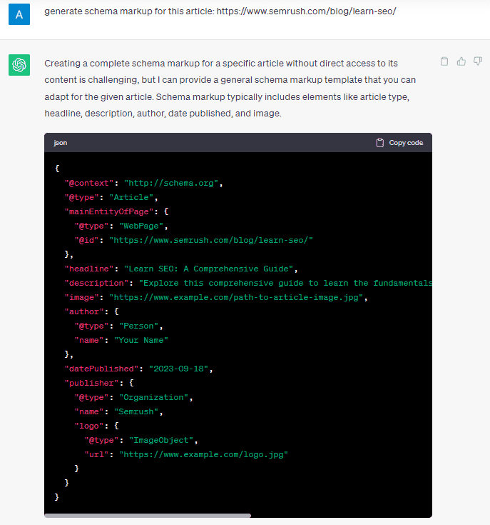 A prompt asking ChatGPT to generate a schema markup