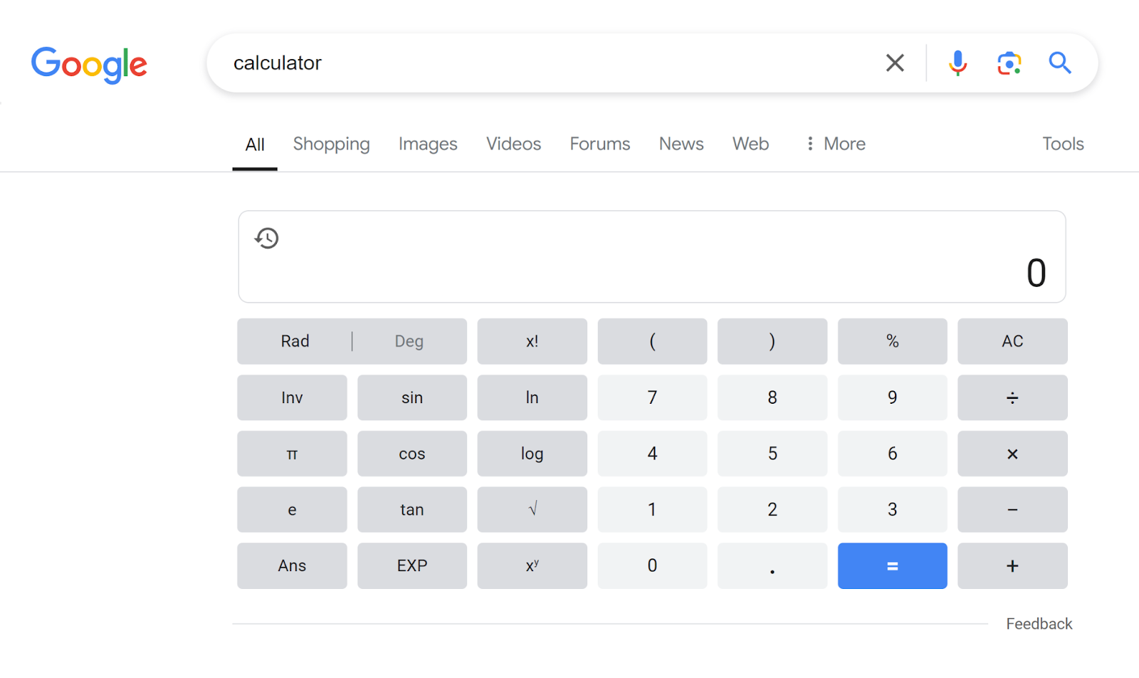 Google SERP for 'calculator' showing Google's calculator tool