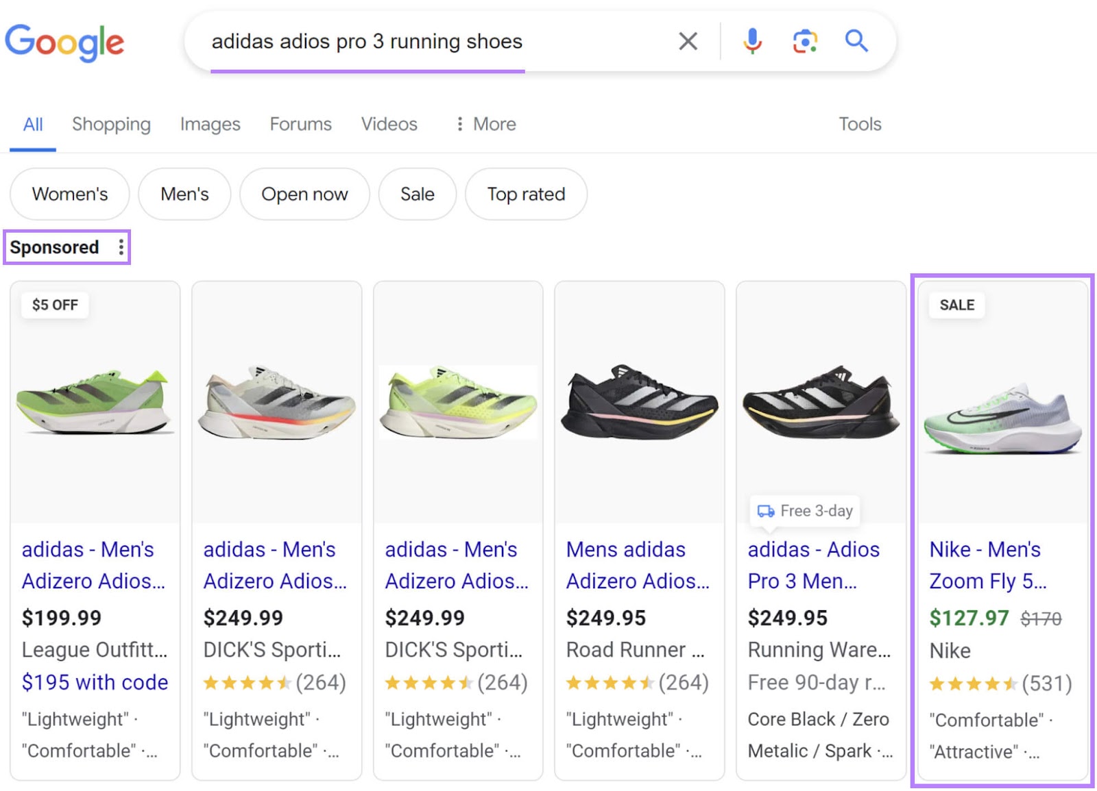 Google SERP showing various sponsored shopping ads for different models of Adidas running shoes and one pair of Nike running shoes.