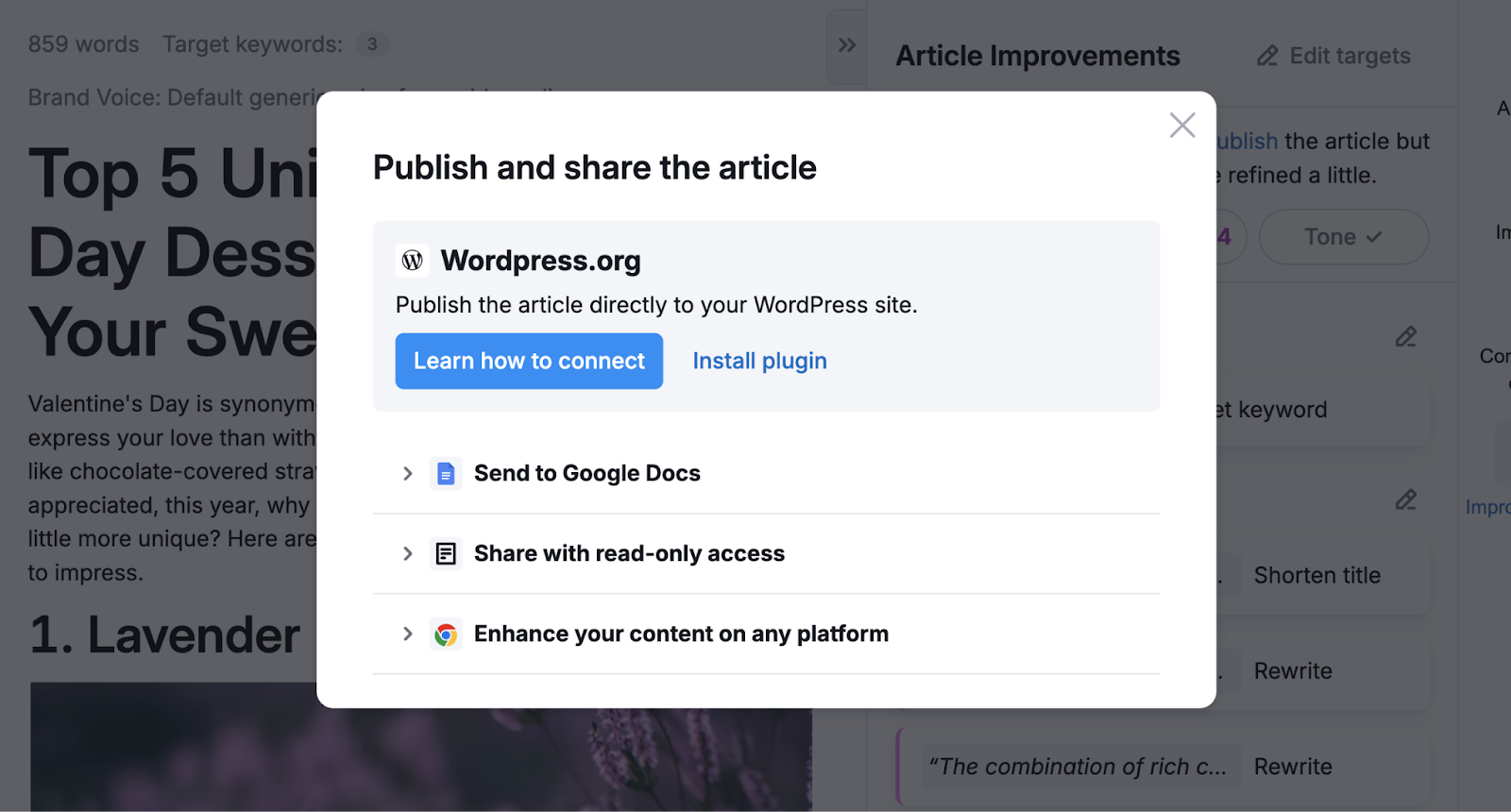 publish options include wordpress, send to google docs, share with read only access, or to enhance your content on any platform