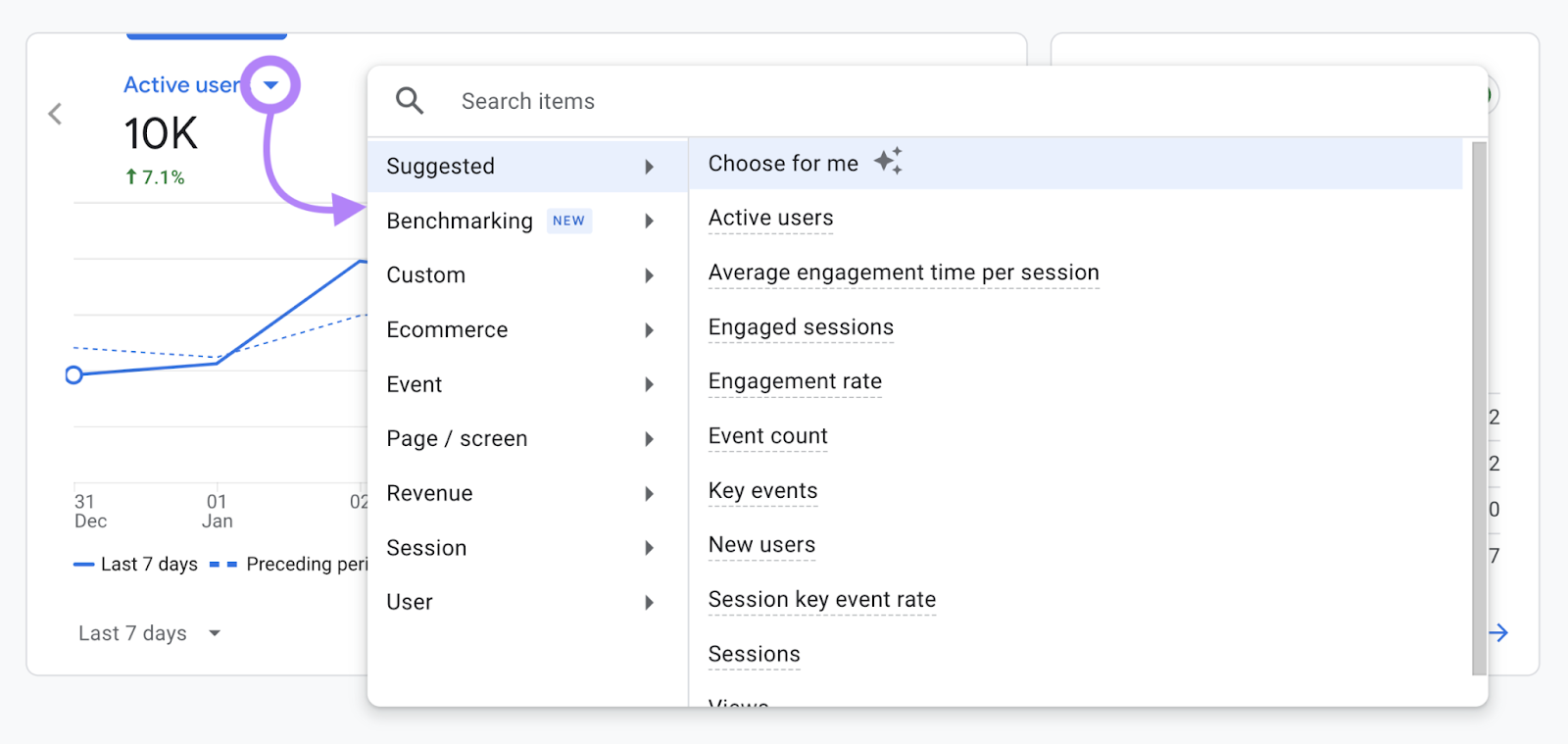 Drop down is highlighted to change the metrics shown on your Google Analytics homepage.