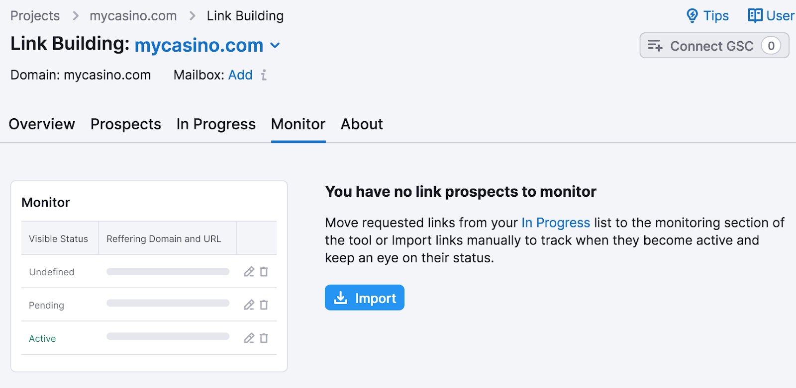 "Monitor" tab in the Link Building tool