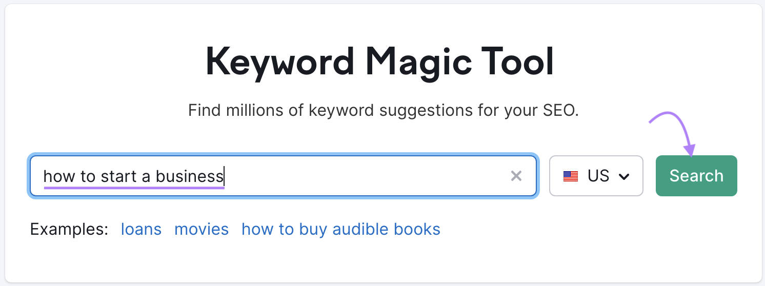 “how to start a business” entered into Keyword Magic Tool search