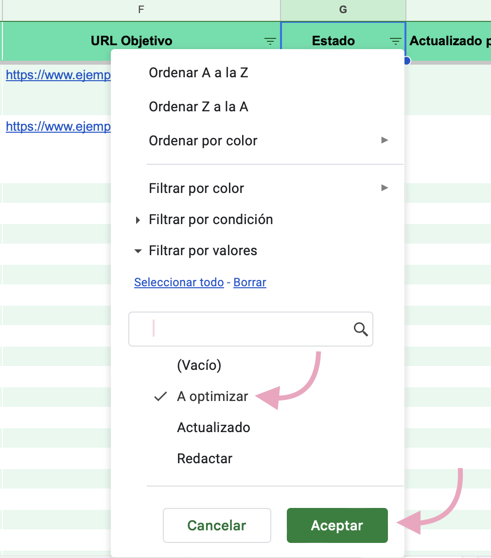 Desmarca todo excepto "A optimizar" y haz clic en "Aceptar"