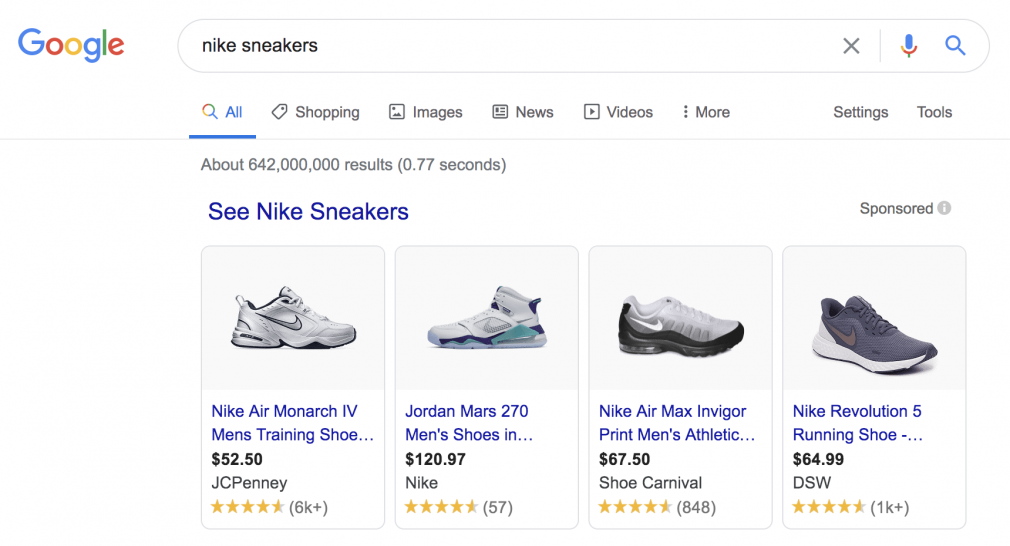 Google shopping ads for Nike Sneakers