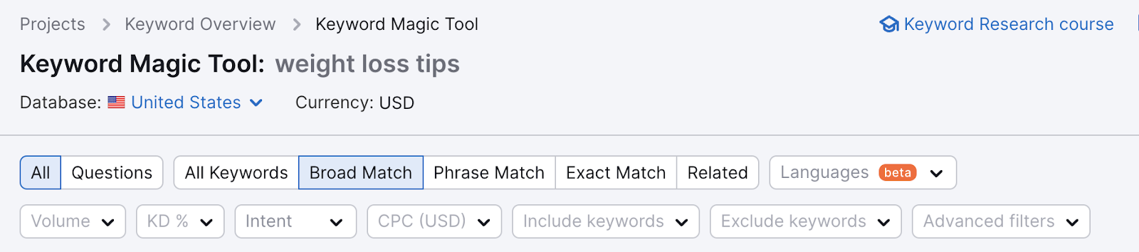 "Broad Match" filter highlighted in Keyword Magic Tool's upper menu