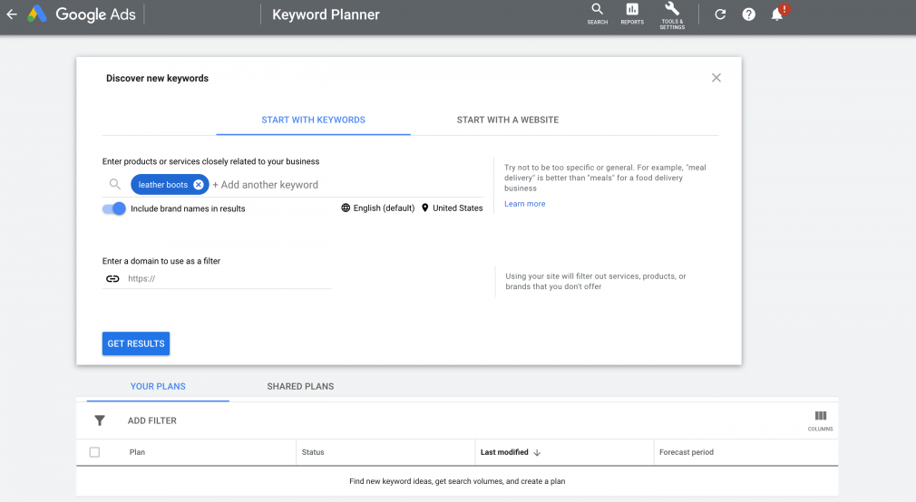 Discover new keywords section of Google Ad Planner