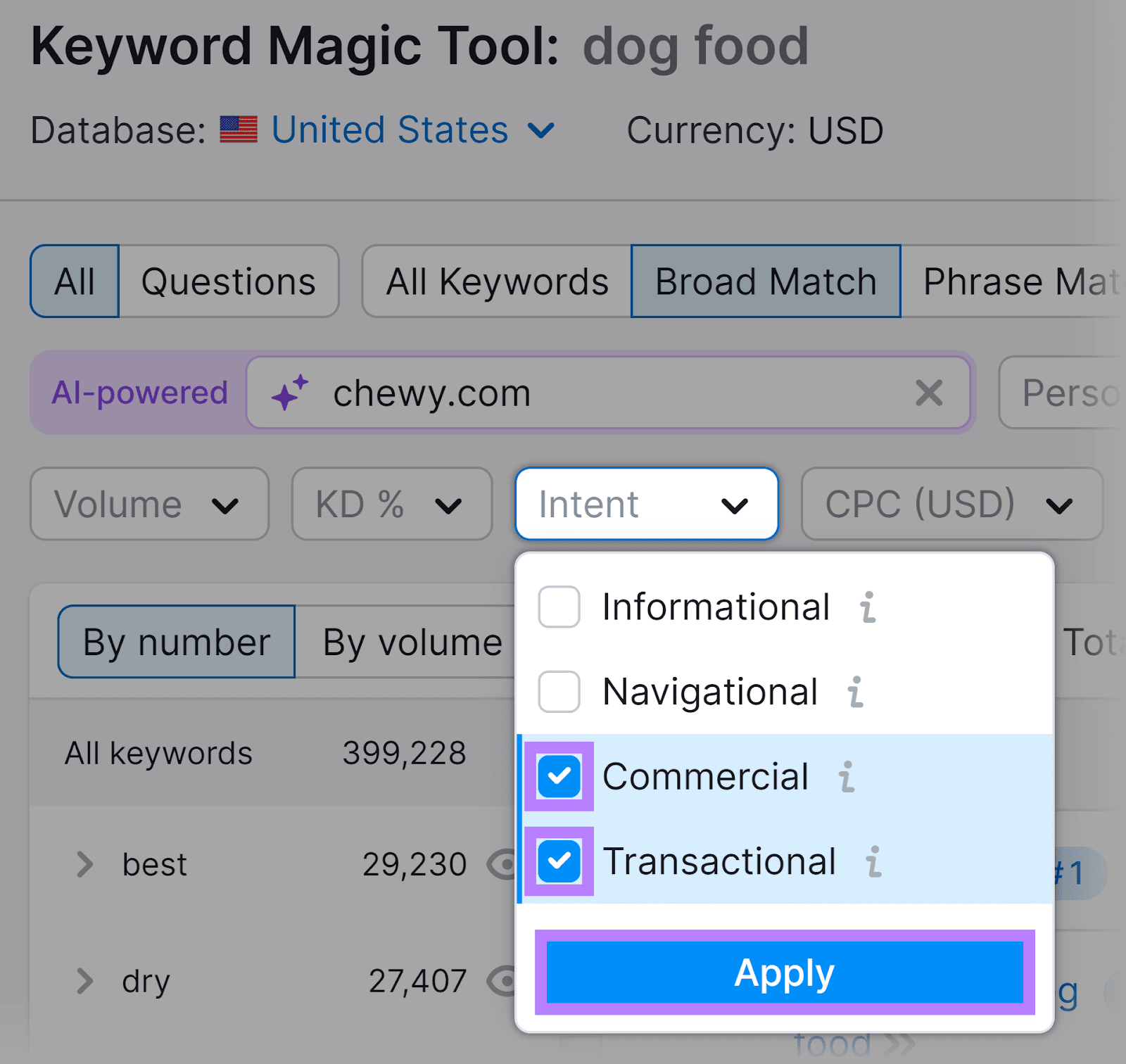 Intent dropdown clicked, Commercial and Transactional options checked, and Apply fastener  highlighted