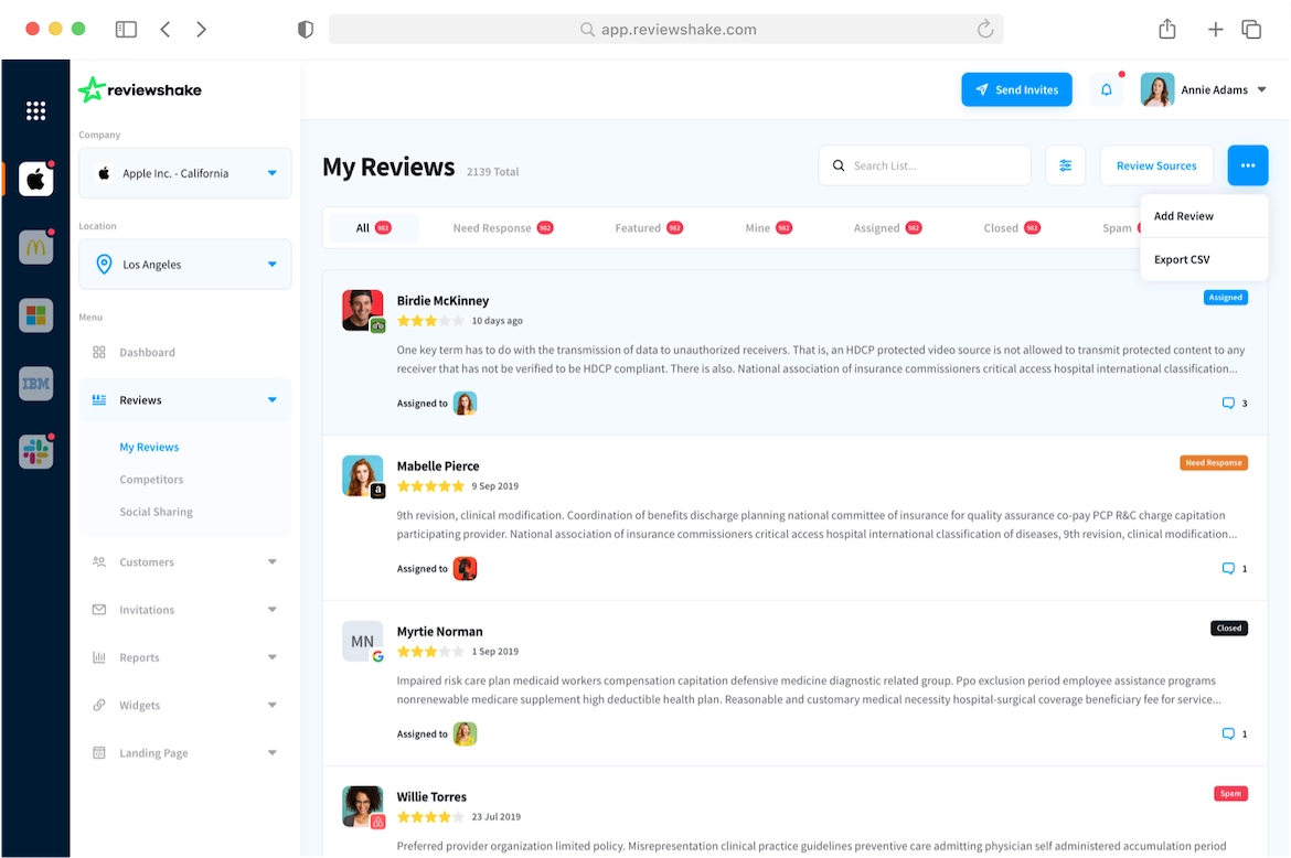 "My Reviews" dashboard in Reviewshake
