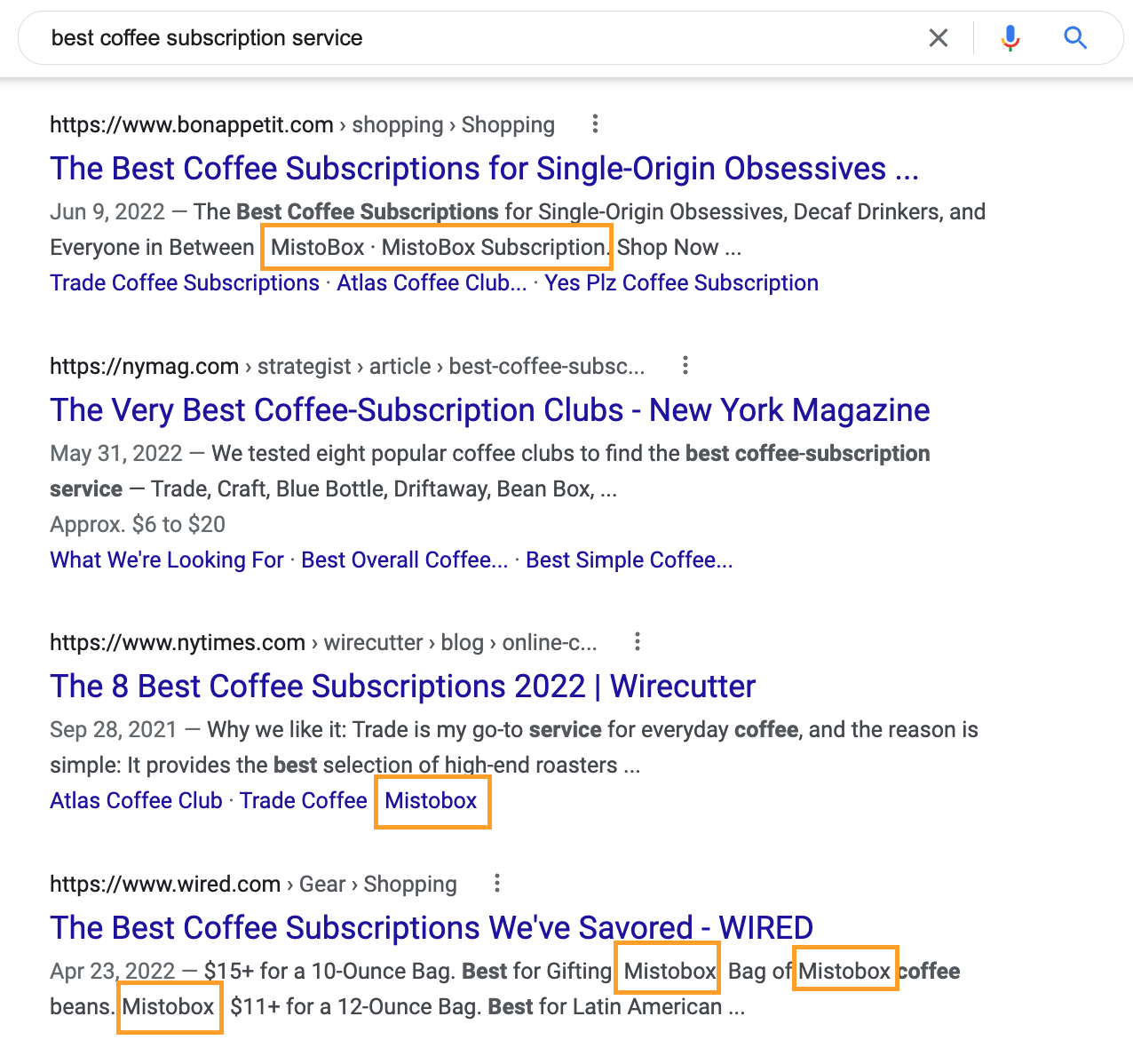 Google search results for best coffee subscription service. The result often show the brands mentioned in the content. The first one shows "MistoBox"