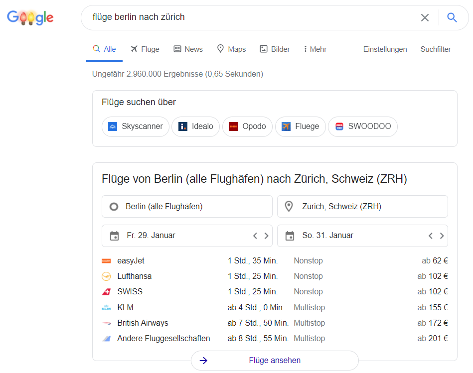 SERP-Funktion Flüge