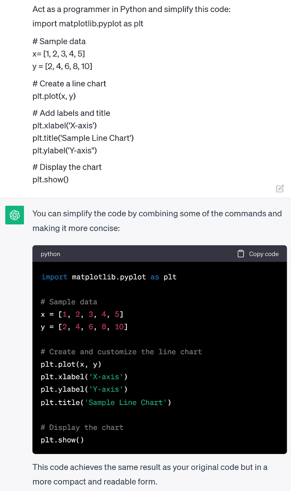 Eine neue Eingabeaufforderung, die ChatGPT auffordert, als Programmierer in Python zu agieren