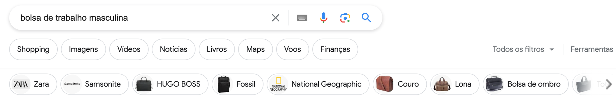 captura de tela de como o recurso SERP de filtro de produto aparece no Google para bolsas masculinas.