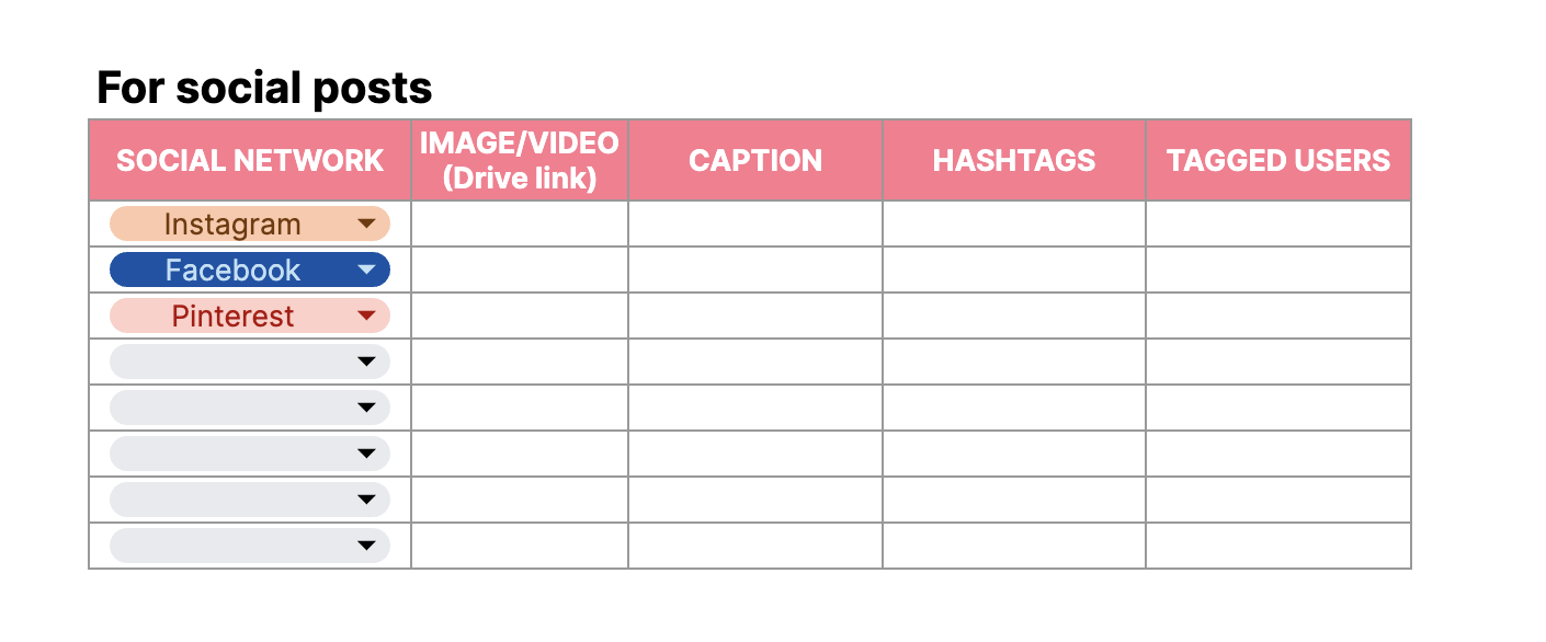 Template for organizing societal  media posts with columns for network, image/video link, caption, hashtags, and tagged users