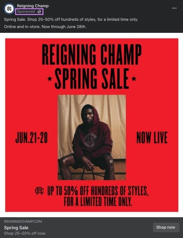 an example of a Facebook ad from Reigning Champ with "Sponsored" mark highlighted