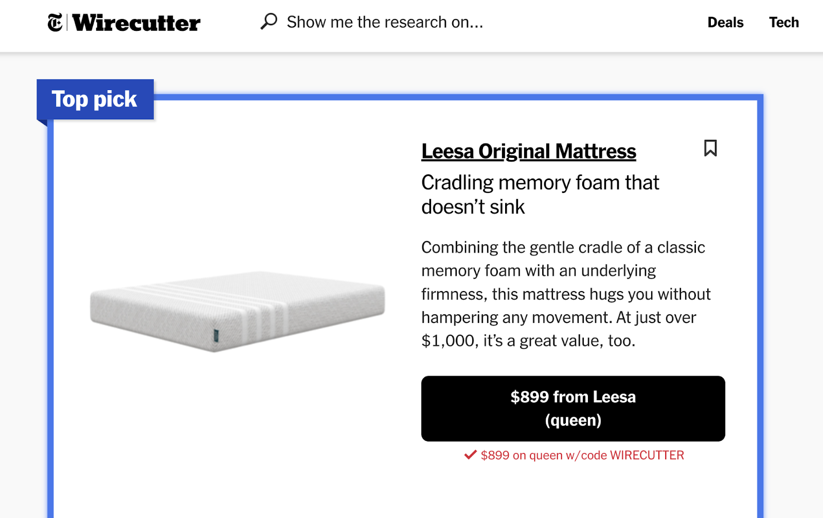 Wirecutter's mattress article recommends their top picks and provides a special affiliate code for the reader to get a discount