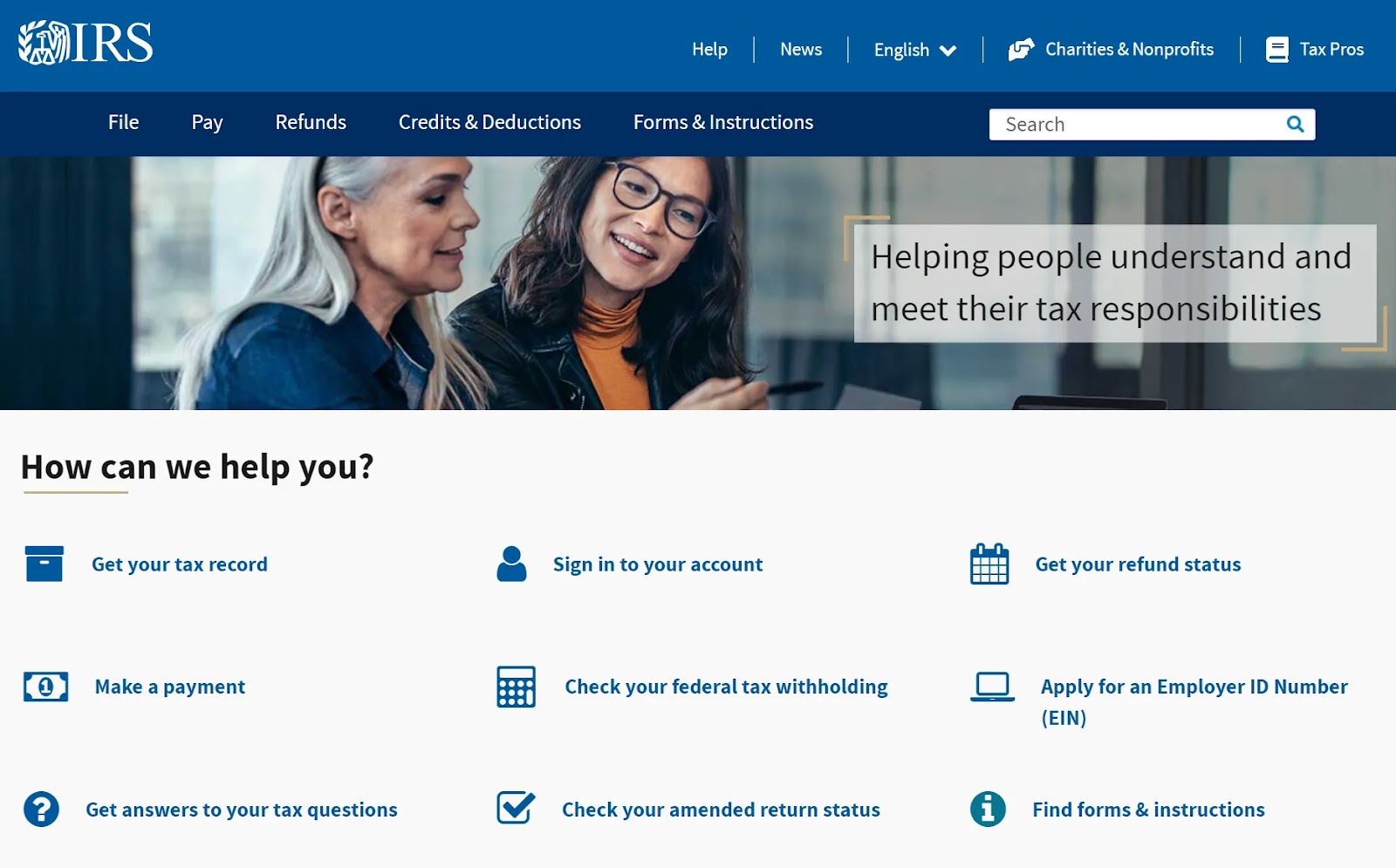 IRS's "How can we help you?" landing page