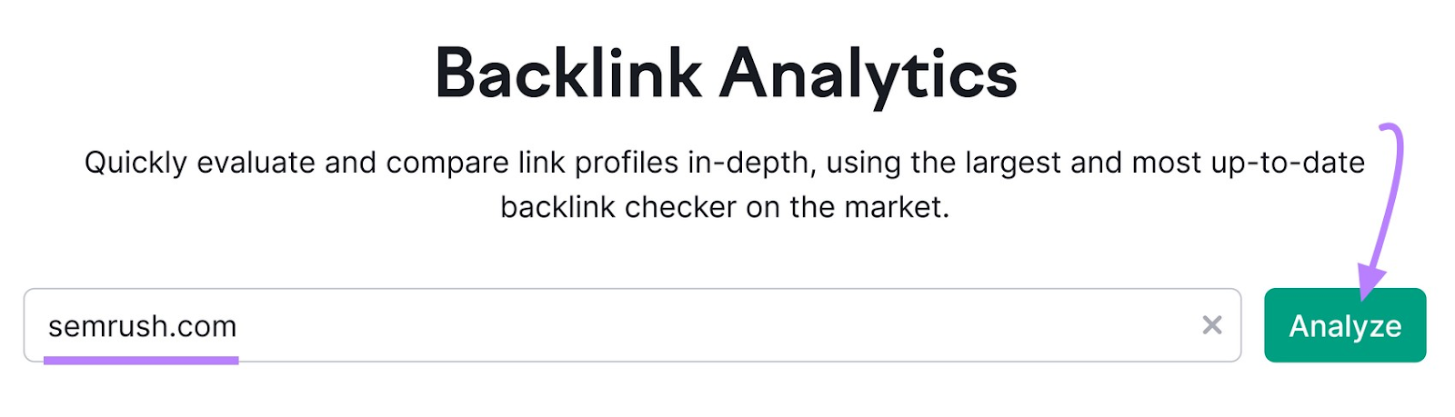 "semrush.com" entered in Backlink Analytics search bar