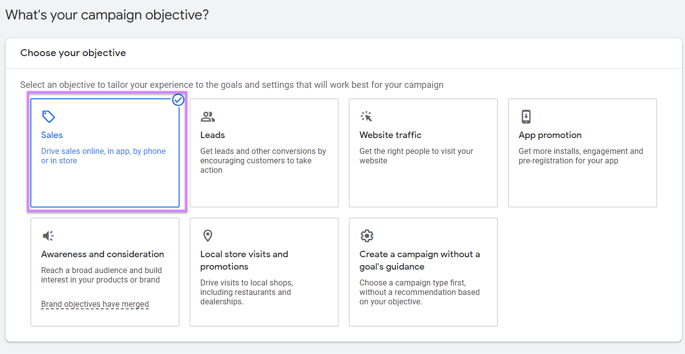 "Sales" selected nether  "Choose your objective" conception  successful  Google Ads