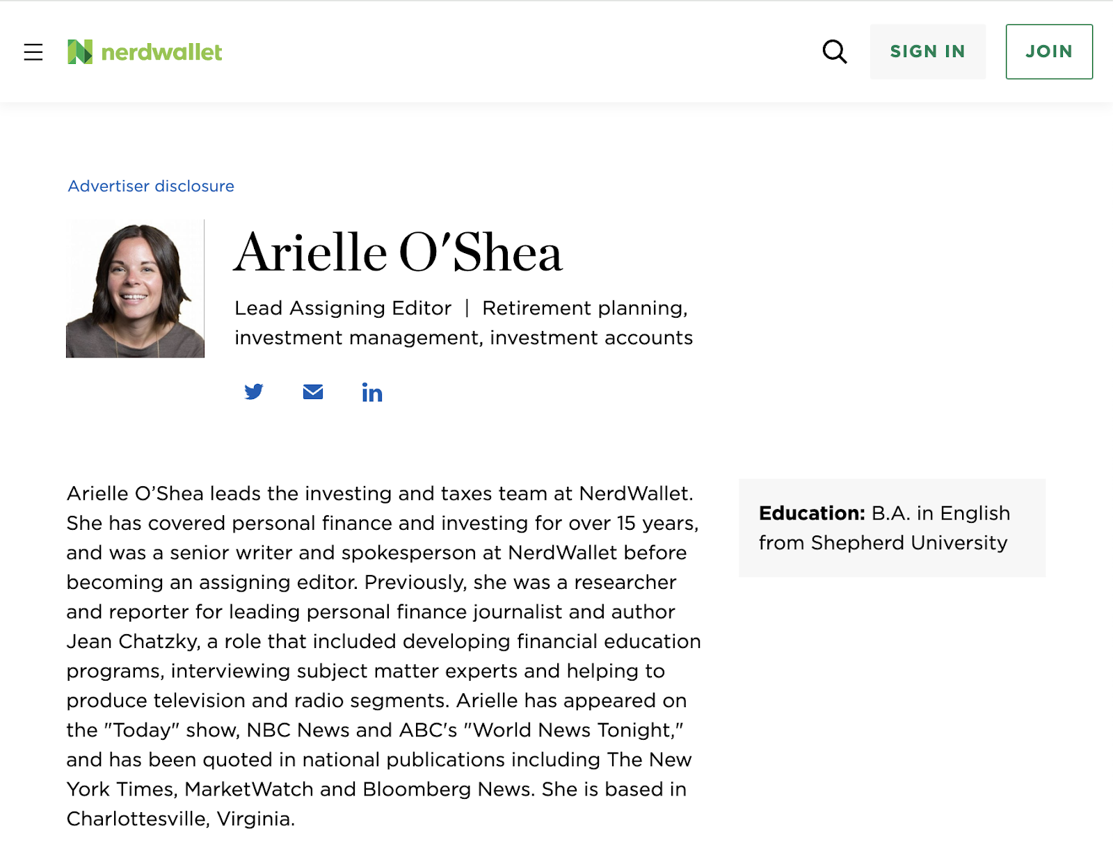 Author bio for an editor at Nerdwallet shows her education, her areas of expertise, and previous publications