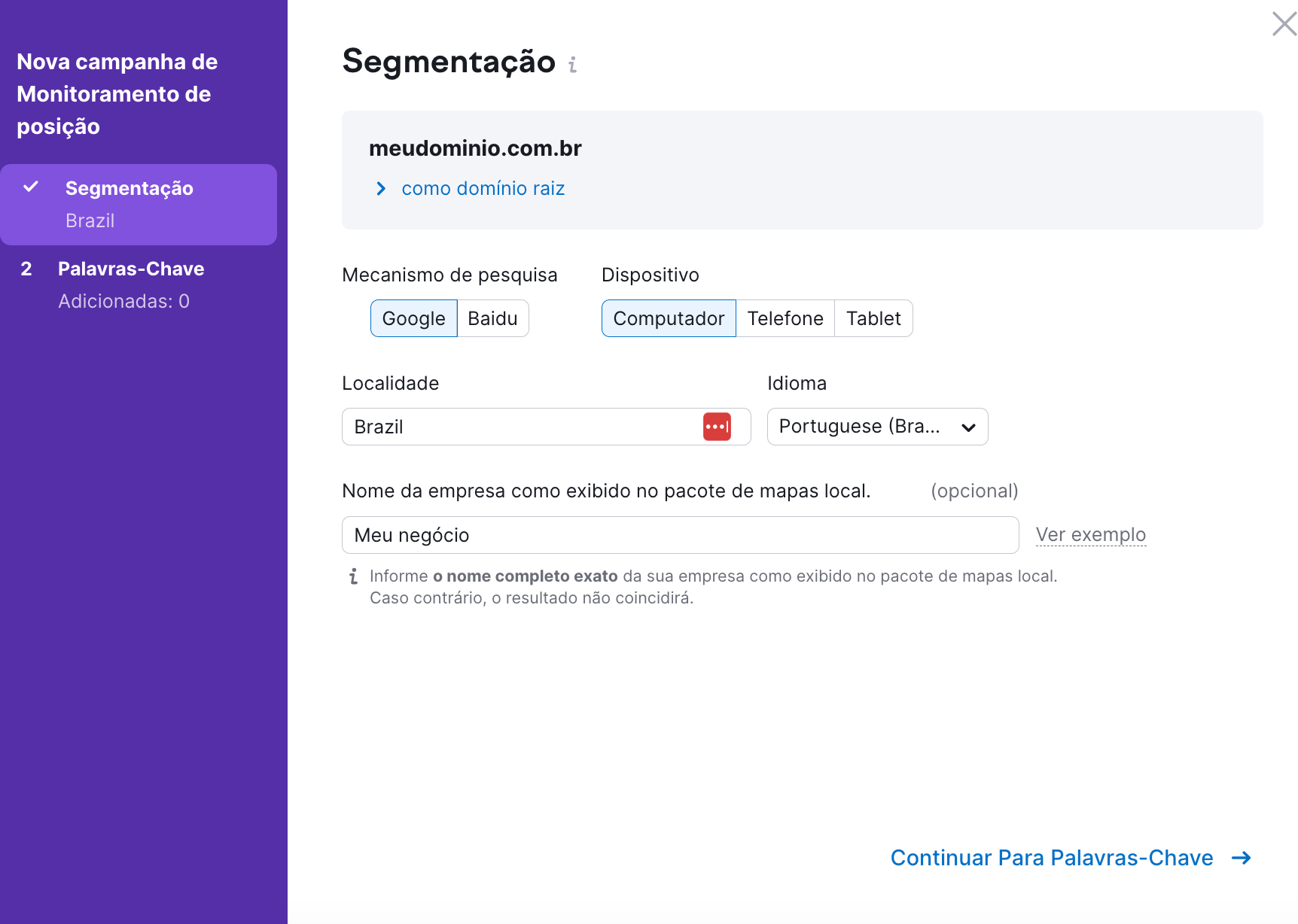 configuração de segmentação