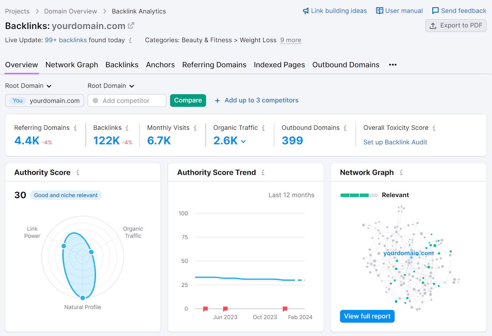An overview dashboard in Backlink Analytics tool