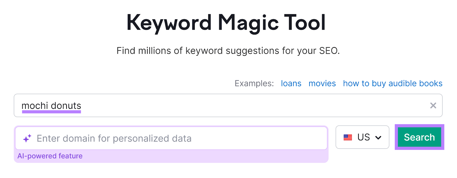 Semrush Keyword Magic Tool start with 'mochi donuts' in search bar and Search button highlighted