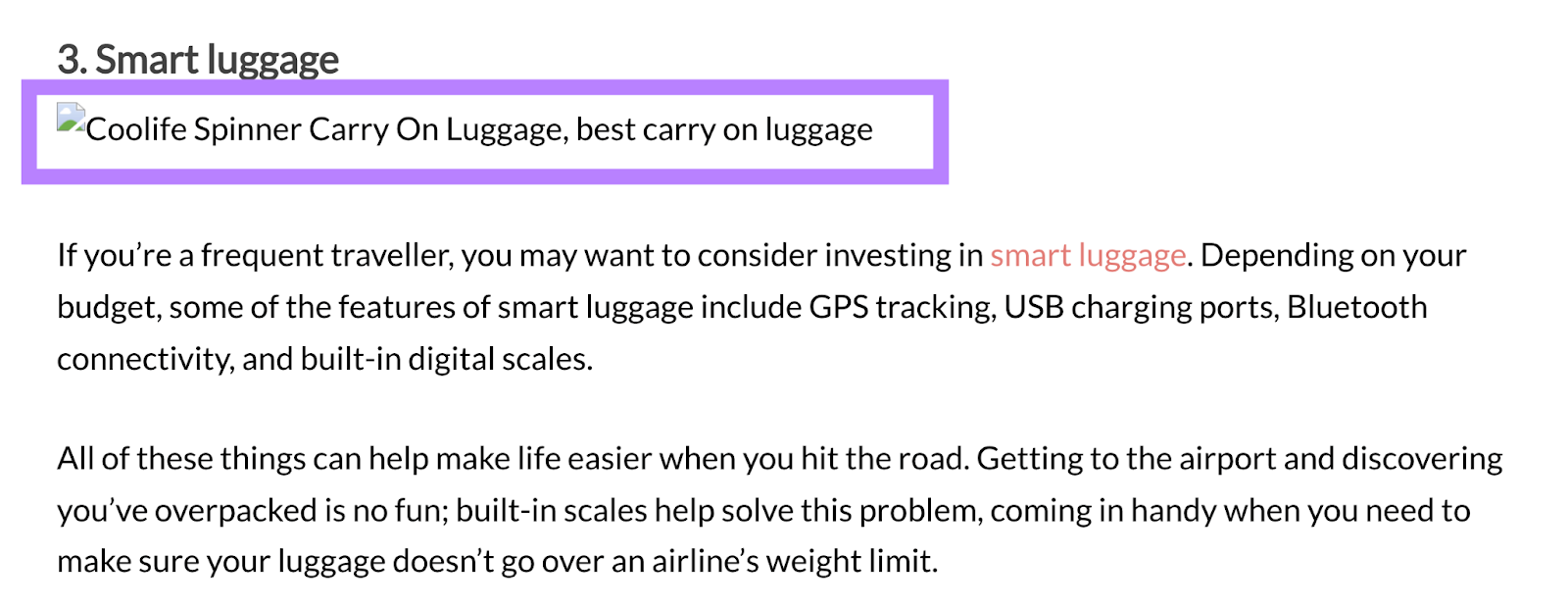 MIssing image has the broken image icon and text that says "Coolife spinner carry on luggage, best carry on luggage."